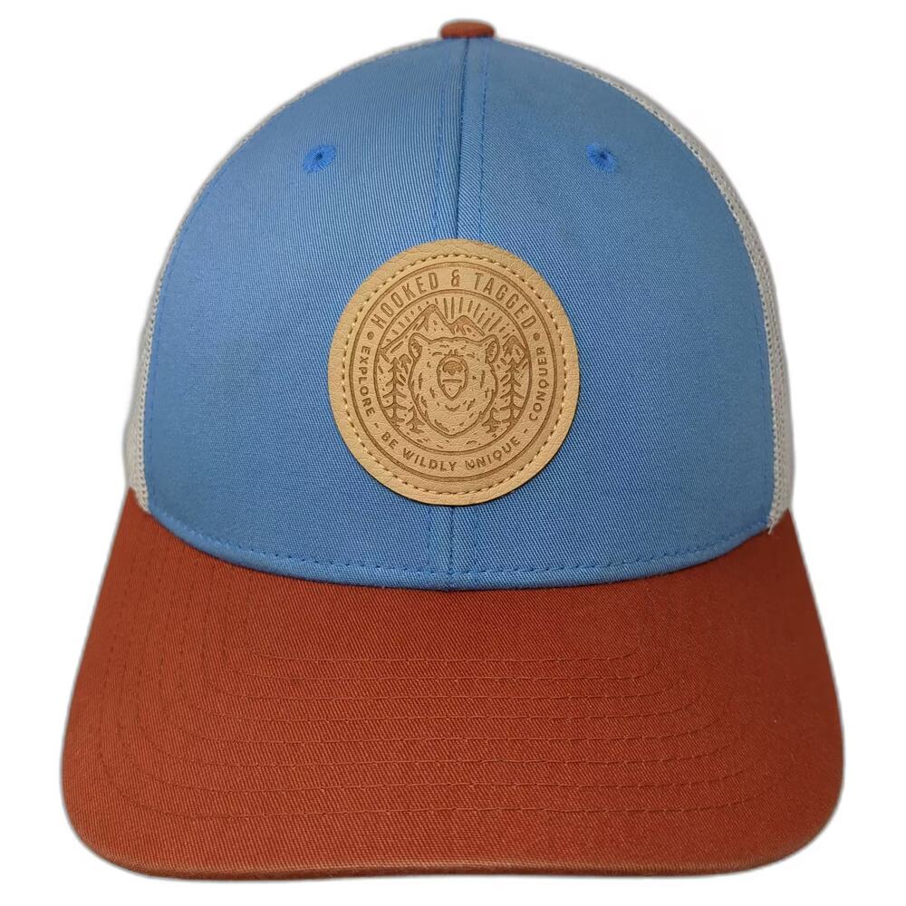 Hooked & Tagged Trucker Hat Blue Orange OS Leather Bear Patch Mesh Snapback